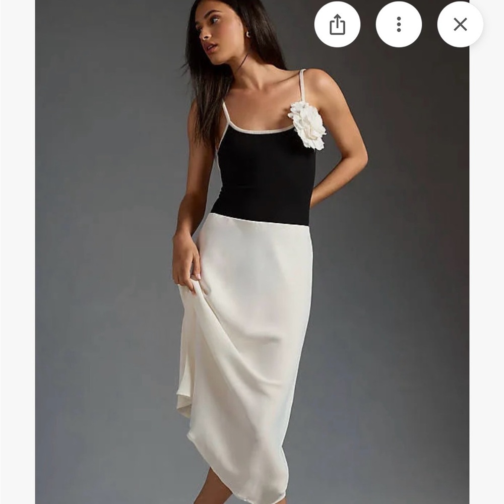 Anthropologie Black & White Midi Slip Dress with Floral Accent